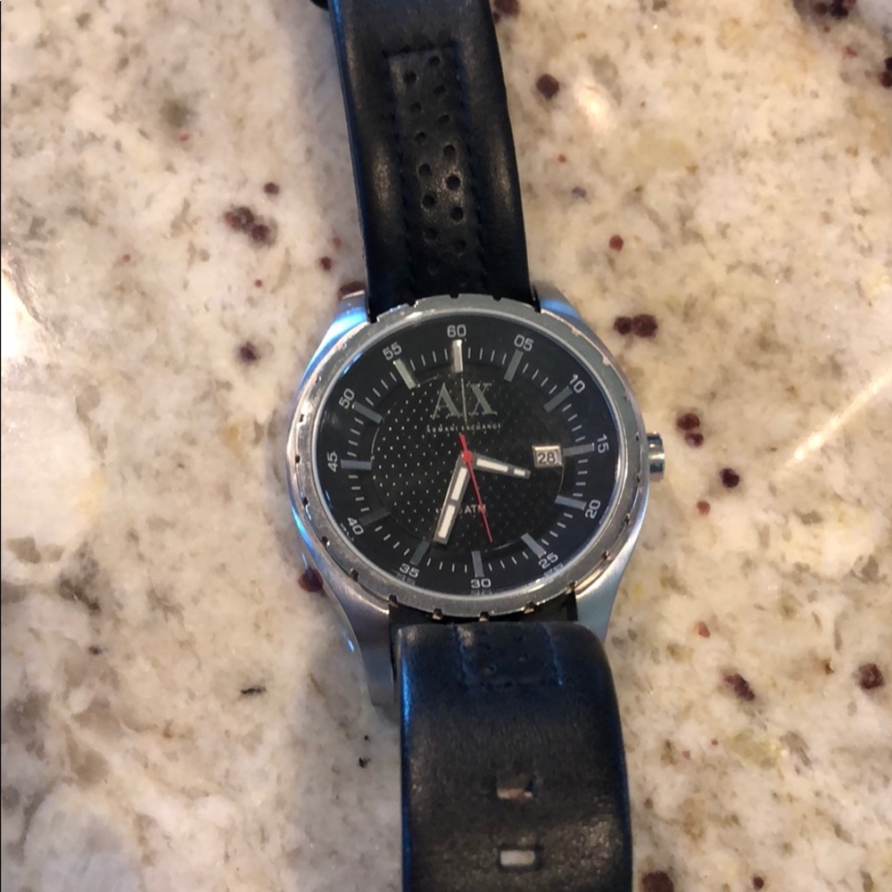 Men’s black leather Armani Exchange watch.